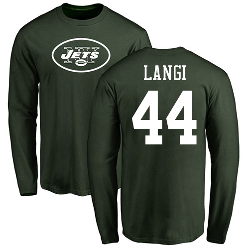 New York Jets Men Green Harvey Langi Name and Number Logo NFL Football #44 Long Sleeve T Shirt->new york jets->NFL Jersey